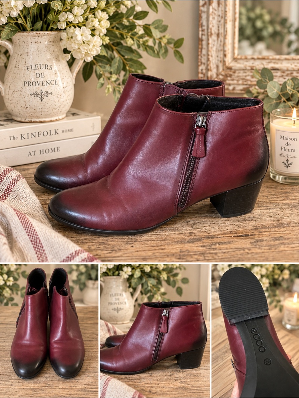 Ecco Women's Burgundy Leather Side-Zip Ankle Booties